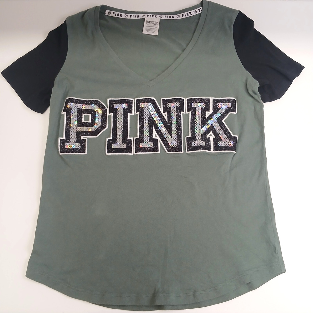 Victoria’s Secret PINK Women’s Size XS Green & Black V-Neck Bling Sequin T-Shirt